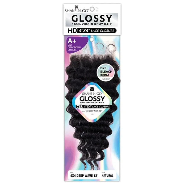 Shake N' Go Virgin Remi Hair Shake N' Go: Glossy 4x4 Deep Wave Lace Closure 12"